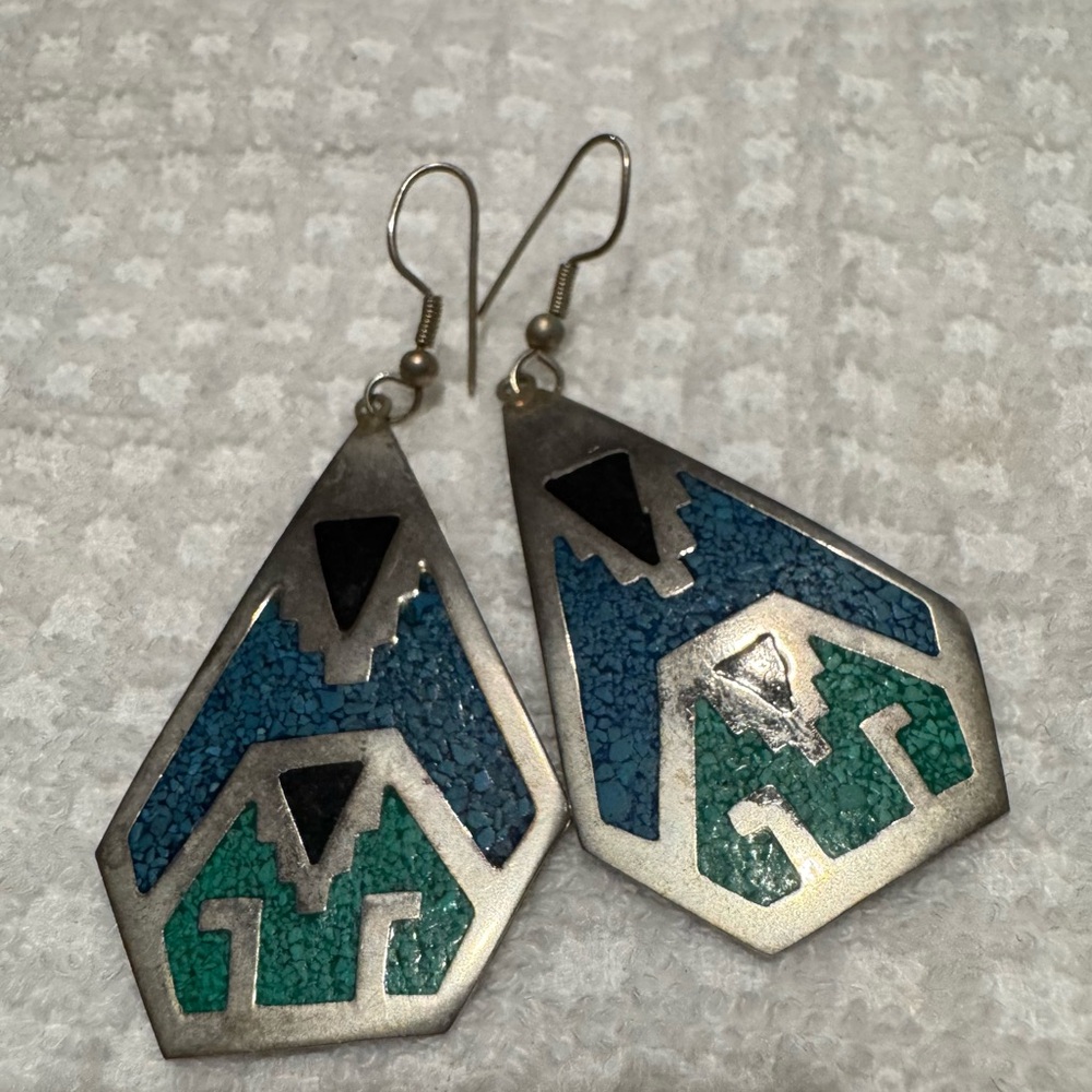 Geometric Silver and Blue-Green Earrings